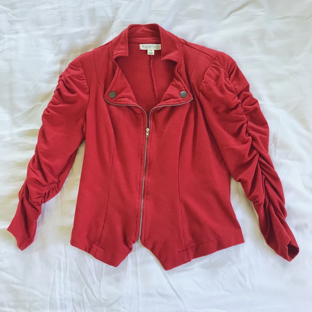 Vintage 90s STUDIO PETITE Red zippered blazer unique puffy ruched padded sleeves